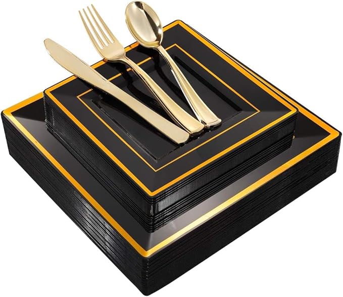 WDF 125Pieces Black Square Plastic Plates with Gold Rim Gold Disposable Silverware - include 25Pcs Dinner Plates,25Pcs Dessert Plates,25 Forks, 25 Knives, 25 Spoons for Graduation Wedding Party