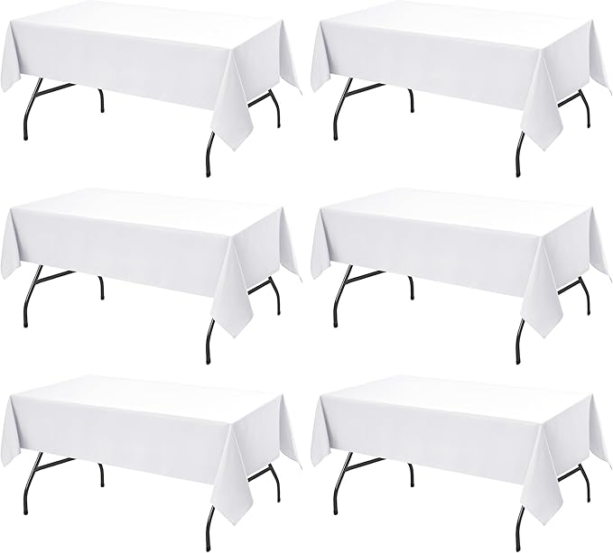 6-Pack White Tablecloths for Rectangle Tables, 60 x 102 Inches, Stain-Resistant Polyester Fabric for 6 Foot Tables - Washable Table Covers for Weddings, Banquets, Birthday, Parties, Events