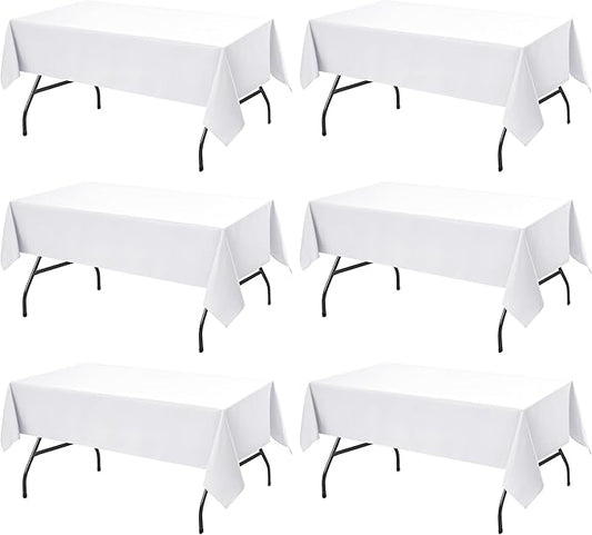 6-Pack White Tablecloths for Rectangle Tables, 60 x 102 Inches, Stain-Resistant Polyester Fabric for 6 Foot Tables - Washable Table Covers for Weddings, Banquets, Birthday, Parties, Events