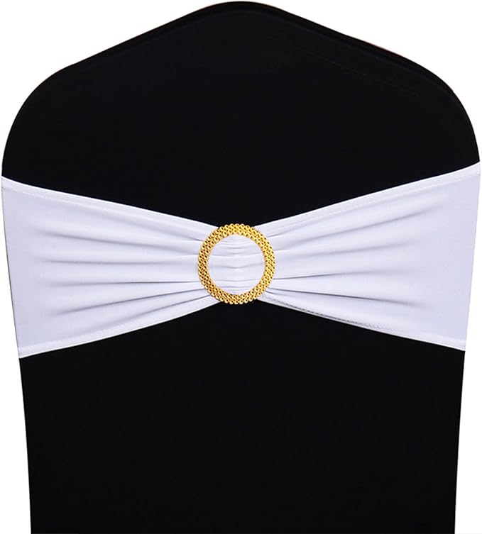 Pack of 50 Spandex White Chair Sashes with Gold Buckles, Stretch Chairs Sashes for Wedding Party Baby Shower Ceremony Event Decorations Chair Bands Bows (White Sashes, Gold Buckles)