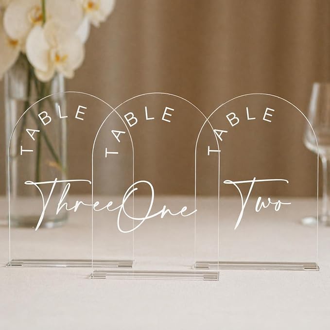JINMURY Clear Acrylic Arch Table Numbers with Stands, 5x7 Inch Acrylic Arch Sign Table Numbers for Wedding (Clear White Font, 5x7 Inch Table Number 1-30)