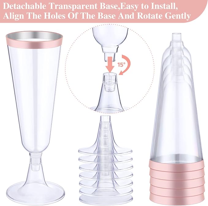 Thenshop 50 Pack Rose Gold Plastic Champagne Flutes 5.5 oz Elegant Clear Disposable Champagne Glasses Detachable Hard Toasting Glasses for Wedding Party Fancy Vino Cocktail Cups(Clear)