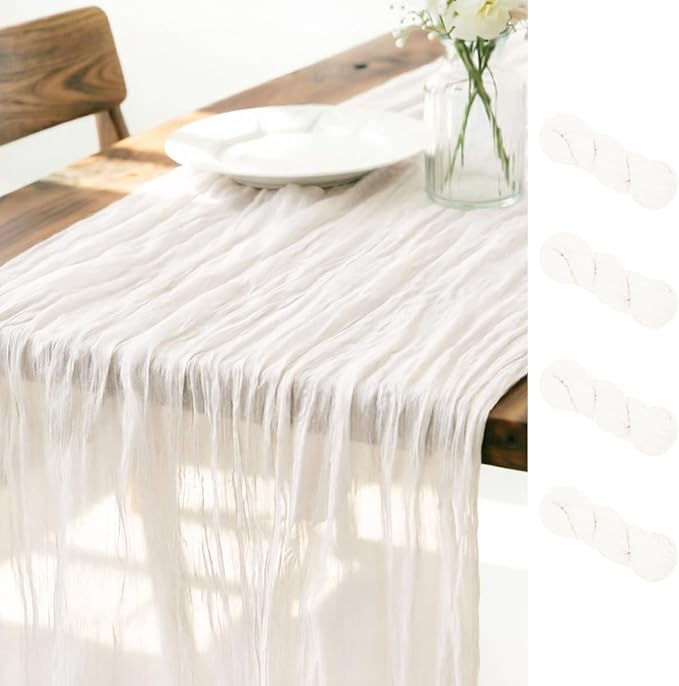 LINXTAR Ivory Cheesecloth Table Runner 4 Pack 120 Inches 10Ft Gauze Summer Boho Table Runner for Wedding Tea Party Baby Shower Bridal Birthday Home Decoration