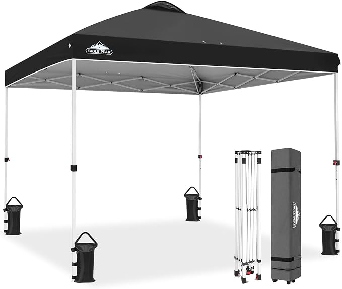 EAGLE PEAK Pop Up Canopy Tent with Wheeled Carry Bag, 8 Stakes, 4 Ropes, 4 Weight Bags, Easy Set Up Tent Canopy, 10x10 ft, 100sqft of Shade, Black