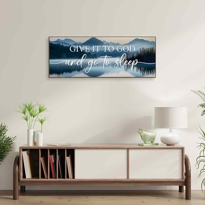 TLESKE Give It to God and Go to Sleep Sign Large Wall Art Decor Framed 15x40, Above Bed Over Bed Canvas Wall Art Decor Print for Bedroom, Boho Mountains Bedroom Signs Wall Artwork Picture