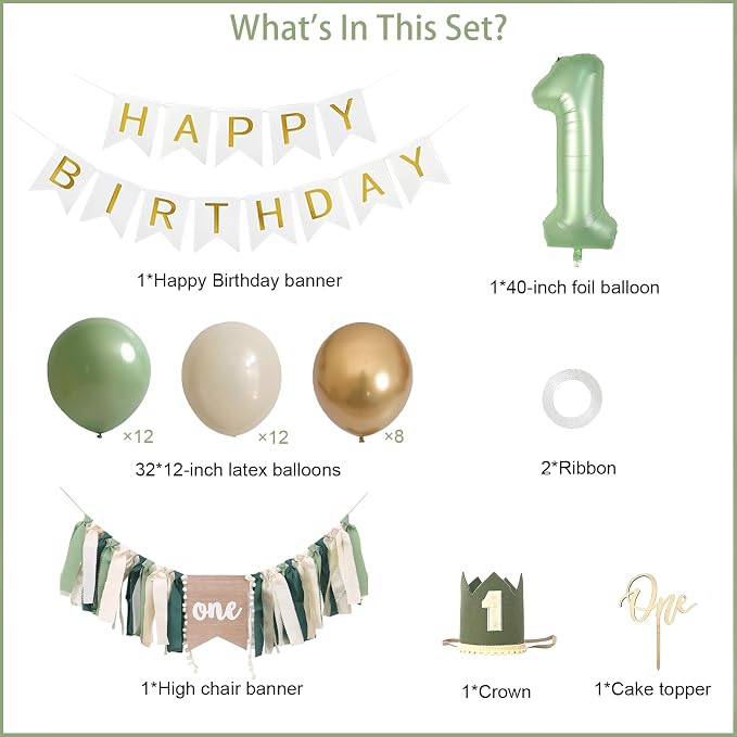 First Birthday Decorations - Complete Party Set with High Chair Banner, Number 1 Balloon, One Cake Topper, Crown, Balloons & Birthday Banner(Green)