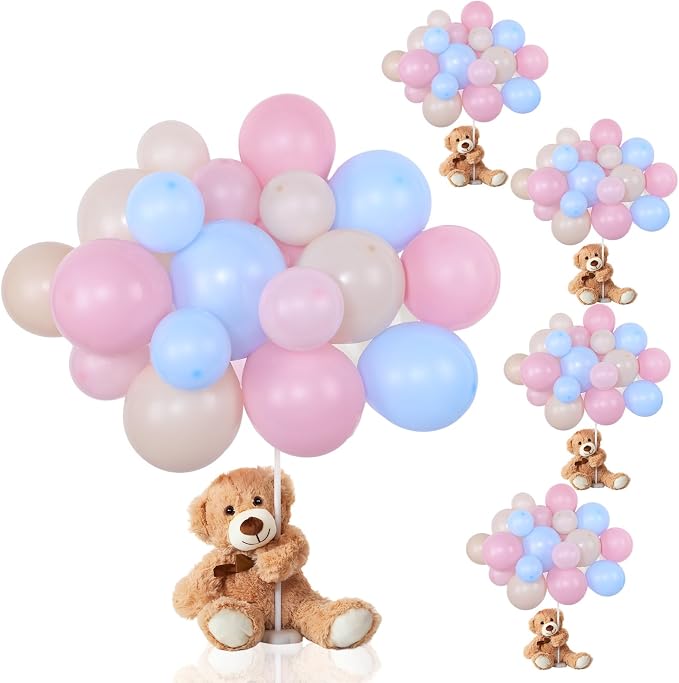 Meooeck 185 Pcs Bear Baby Shower Party Decorations Table Centerpieces 5 Pcs 13. 5'' Gender Reveal Bears 180 Balloons Kit Baby Shower Table Decor for Birthday Wedding(Pink, Blue, Tea White)