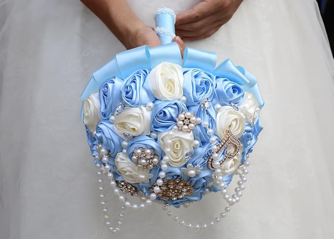 Light Blue Bridal Wedding Bouquet with Rhinestone Brooch Pearl String Cascade Bouquet for Bride Bridesmaid Quinceanera Satin Rose Flower Bouquet Wedding Light Blue and Ivory 9.8in