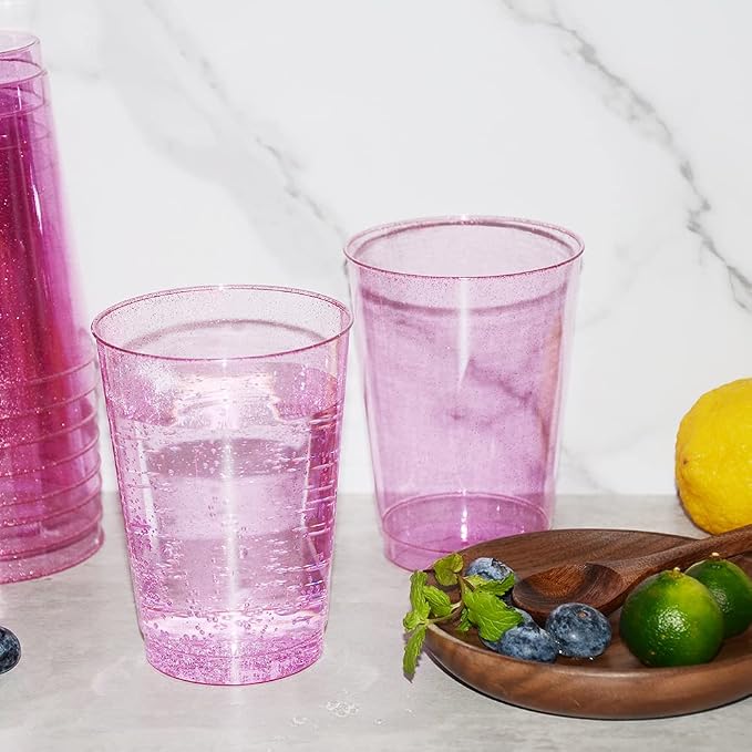 Homy Feel 12 Oz Pink Glitter Plastic Cups - 50PCS Disposable Cocktail & Wine Cups for Wedding & Valentine's Day