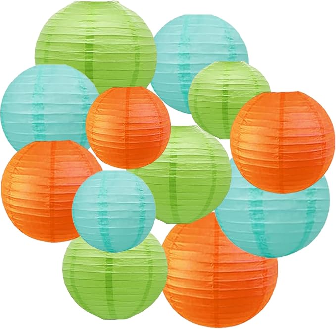 CC wonderland zone 12pcs Fruit Green Orange and Pastel Blue Lanterns,Hanging Paper Lanterns for Dinosaur Birthday Party Decoration