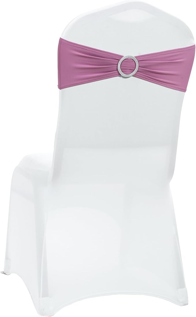 VDS - Dusty Pink | Spandex Chair Sashes Bows | 50 PCS | Stretch Elastic Banquet Universal Folding Chair Band Tie with Silver Buckle Slider for Wedding Party Conference Celebration Event Decoration