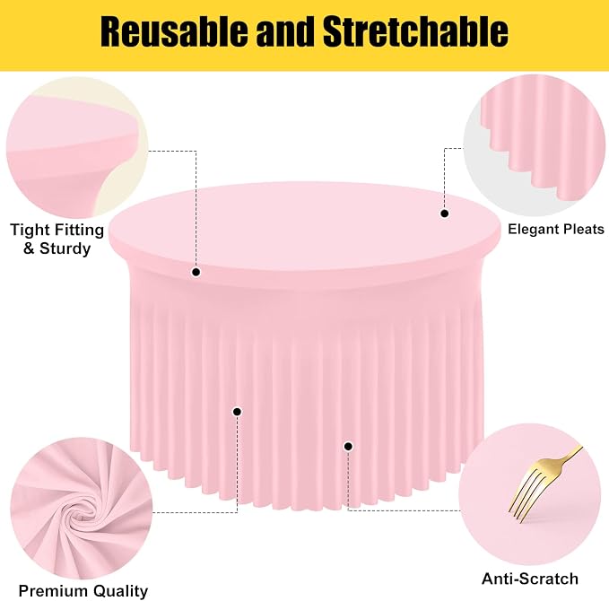 Smiry Round Spandex Tablecloth, Elastic Fitted Washable Tablecloths for 72 Round Tables, Waterpoof Stretch Table Cover Skirt for Outdoor, Wedding, Banquet & Parties, Pink