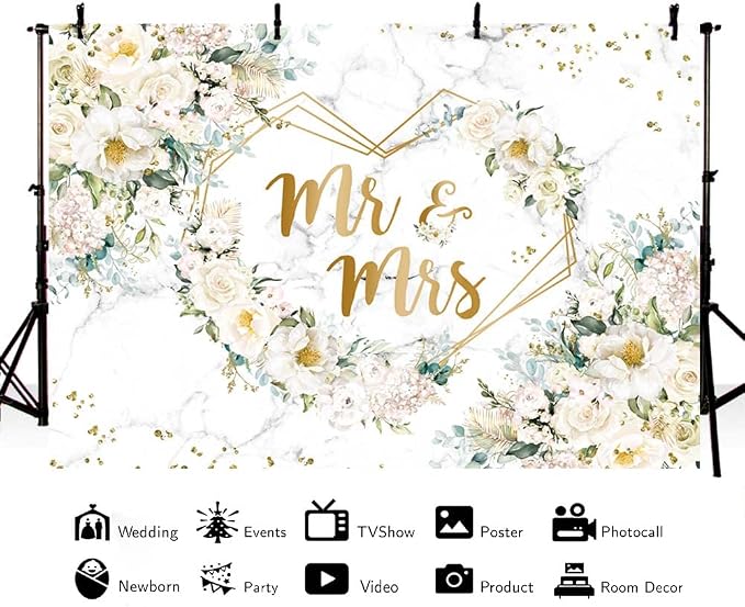 MEHOFOND 193 pcs White Wedding Party Decorations, Mr and Mrs Paper Plates Cup and Nakpins Set, 7x5ft Mr and Mrs Floral Backdrop for Bridal Shower White Flowers Gold Dots Glitter Photography Bac