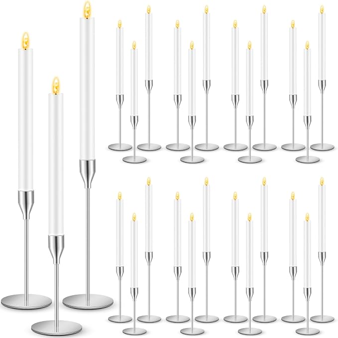 FillTouch 30 Pcs Silver Candlestick Holders with Flameless LED Candles Bulk Includes 15 Metal Candle Holders and 15 Battery Operated Taper Candles for Wedding Valentines Table Centerpieces Home Decor