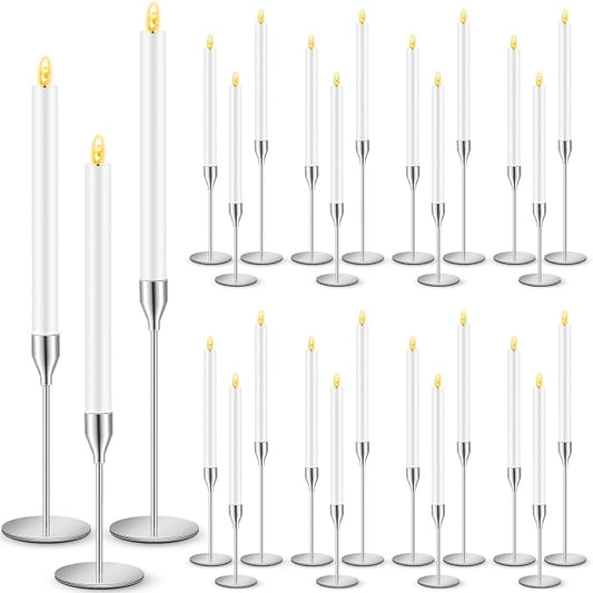 FillTouch 30 Pcs Silver Candlestick Holders with Flameless LED Candles Bulk Includes 15 Metal Candle Holders and 15 Battery Operated Taper Candles for Wedding Valentines Table Centerpieces Home Decor