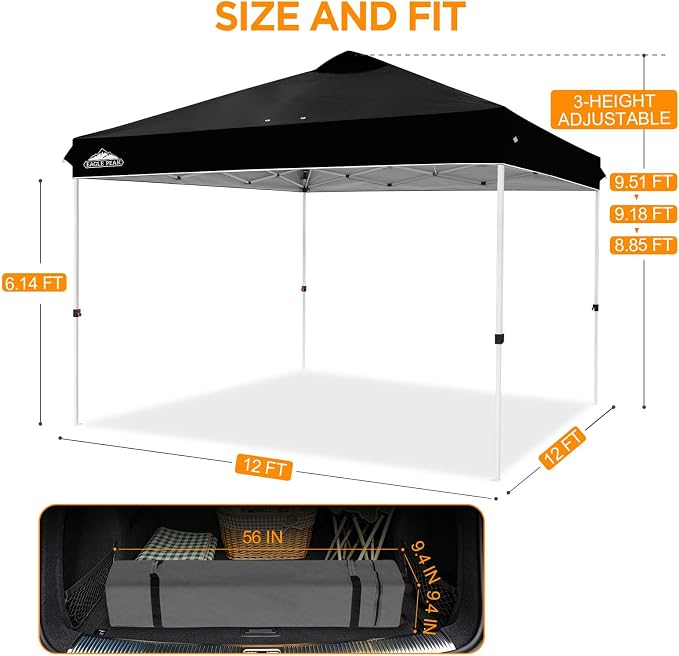 EAGLE PEAK Pop Up Canopy Tent with Wheeled Carry Bag, 8 Stakes, 4 Ropes, 4 Weight Bags, Easy Set Up Tent Canopy, 12x12 ft, 144sqft of Shade, Black