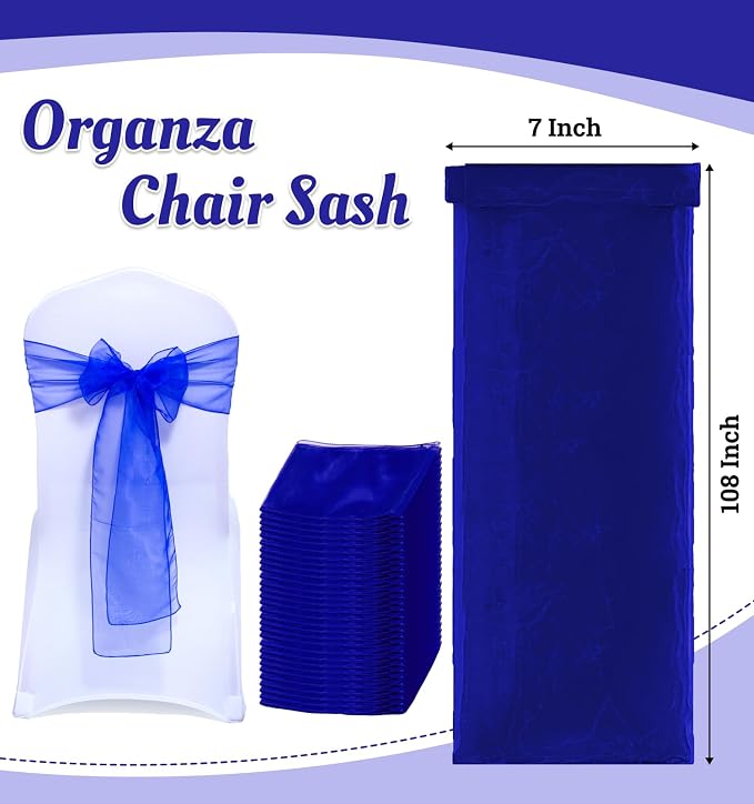 MDS® Pack of 125 Organza Chair Sashes for Wedding Decoration, Reusable Sheer Chair Bows for Banquet Chair Cover, Reception, Bridal Shower, Baby Shower, Birthday Party & Special Events - Royal Blue