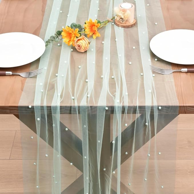 Sage Green Pearl Table Runner Boho Rustic Tulle Lace Dining Baby Shower Wedding Arch Decor Veil Dessert Holiday Centerpiece Table Decor 3pcs