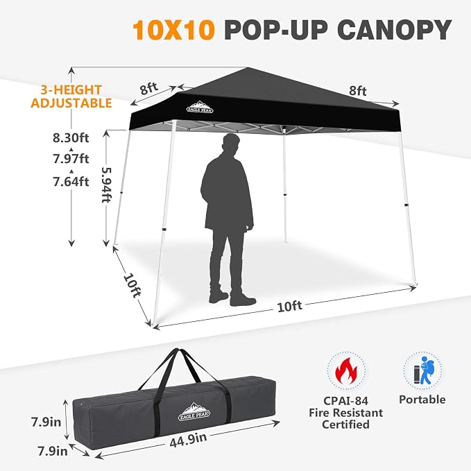 EAGLE PEAK 10x10 Slant Leg Pop-up Canopy Tent Easy One Person Setup Instant Outdoor Beach Canopy Folding Portable Sports Shelter 10x10 Base 8x8 Top (Black)