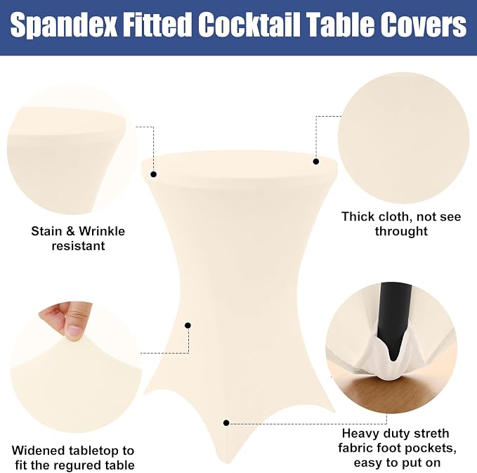 Moosfor Spandex Cocktail Table Covers 4 Pack, Elastic Fitted Stretch Table Cloth, Round High Top Tablecloths for Bar, Party, Pub, Wedding & Banquet (Beige, 32x43 Inch)