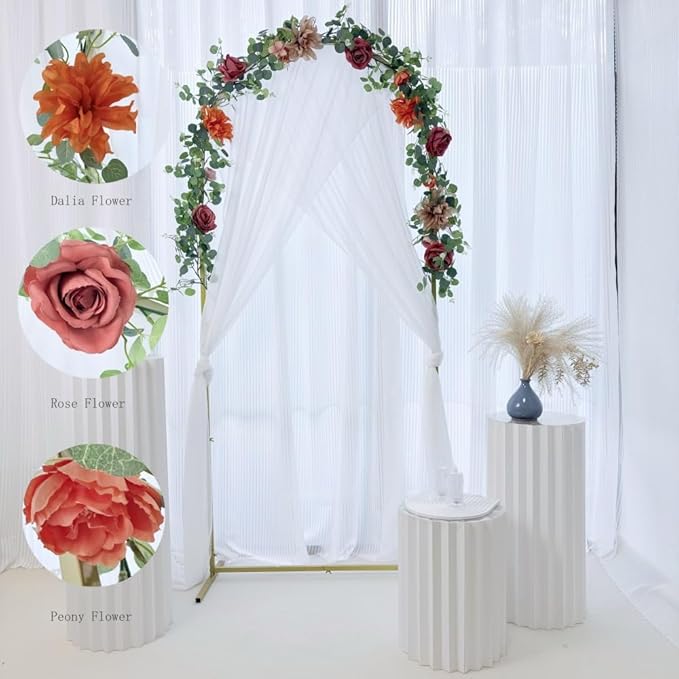 Artificial Flower Garland，6.5Ft Fake Dahlia Rose Floral Eucalyptus Greenery Garland Vine for Wedding Arch，Table Runner Centerpieces Backdrop Room Wall Hanging Plant Decor（Orange）