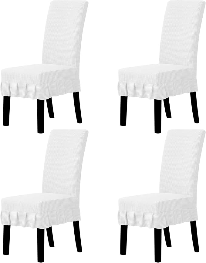 Easy-Going Dining Chair Covers Stretch Parsons Chair Slipcover with Skirt Chair Covers for Dining Room Restaurant Banquet (4 PCS, White)