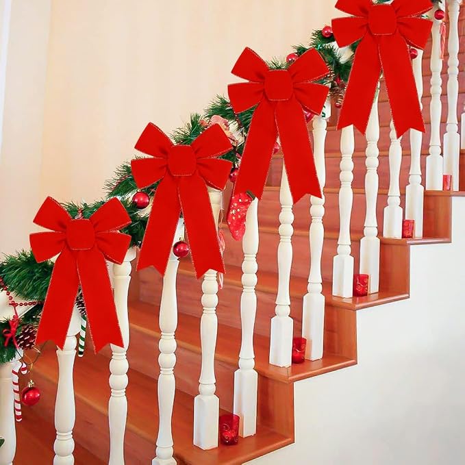 Hongsome 10 Pack Red Bows Christmas Tree Decorations,9”x13”Large Velvet Ornament Bow with Glitter Gold Edge for Xmas Home Wreath Fence Stairs Railing Fireplace Indoor Outdoor Front Door Decor
