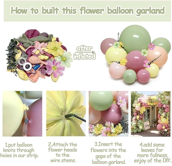 Pastel Pink Yellow Green Balloon Arch with Artificial Flower Double Stuffed Dusty Green Pink Peach Mauve Balloon Garland Kit for Tea Party Wildflower Spring Birthday Baby Shower Fairy Party Decor
