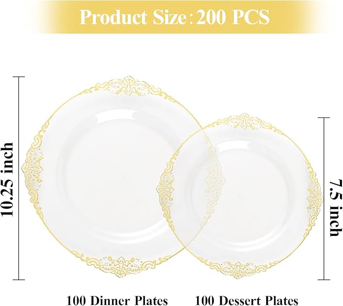Bestluck 200 PCS Clear and Gold Plastic Plates for 100 Guests, Elegant Clear Disposable Plates with Gold Trim, Include 100 PCS Dinner Plates, 100 PCS Dessert Plates for Party, Birthday and Graduation