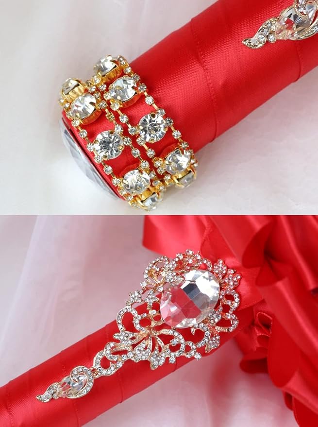 Red Bridal Wedding Bouquet Luxury Gold Rhinestone Brooch Bouquet for Bride Bridesmaid Quinceanera Satin Red Rose Artificial Flower Bouquet Wedding Red 9.5in