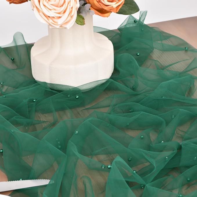 Dark Green Pearl Table Runner Boho Rustic Tulle Lace Dining Baby Shower Wedding Arch Decor Veil Dessert Holiday Centerpiece Table Decor 3pcs