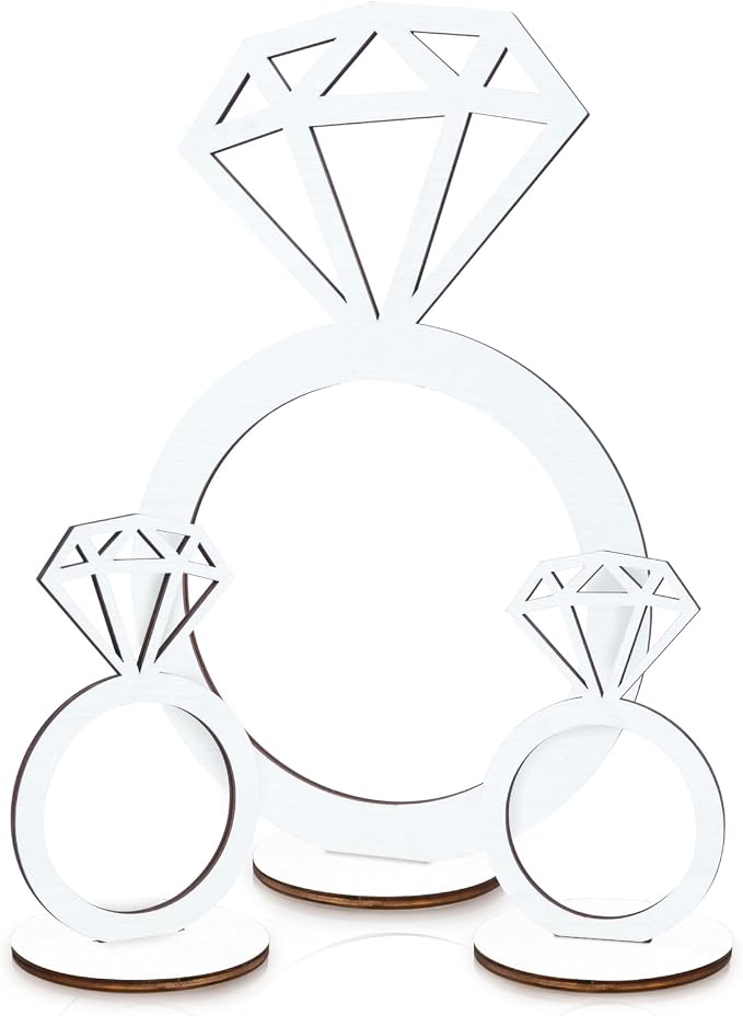 3 PCS Bridal Shower Centerpieces for Tables Diamond Ring Sign Table Centerpieces White Wooden Diamond Ring Sign Decorations for Wedding Anniversary Supplies Batcholette Party Engagement Party