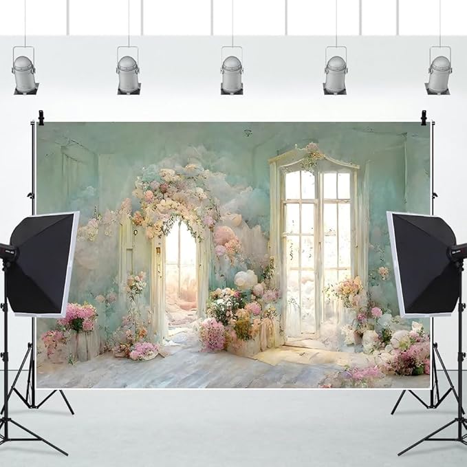 Leowefowa European Style Oil Painting Backdrop for Photography 15x8ft Vinyl Flowers Arched Door French Window Photo Background Birthday Wedding Party Banner Home Decorations Photo Studio Props