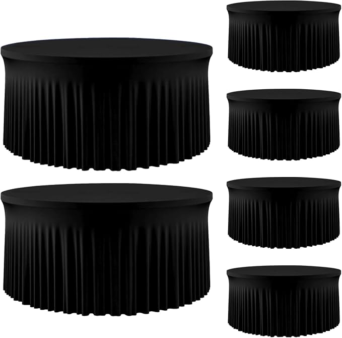 6 Pack Black Round Tablecloth 60 Inch, Washable Table Cloth Elastic Edge with Skirt Circular Table Cover for Wedding Banquet Party, Birthday, Buffet Restaurant and Dining