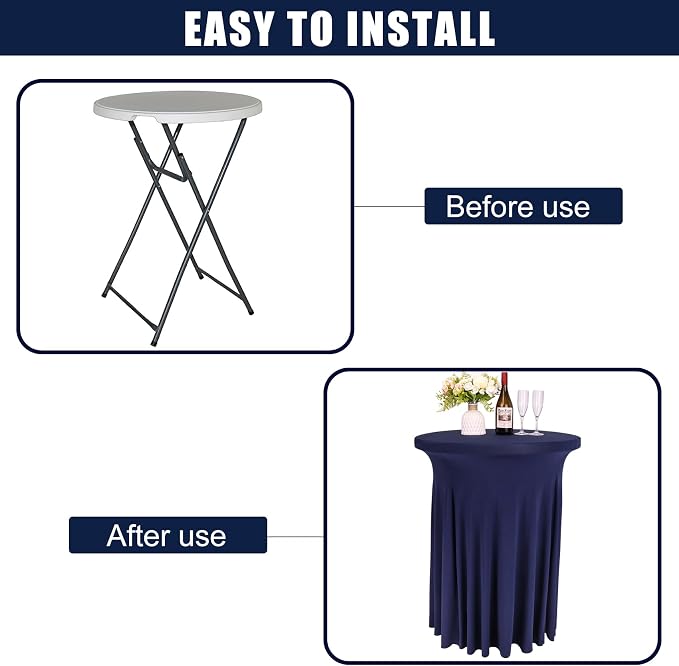 Fivenl 6 Pack Round Cocktail Tablecloth 32"x 43" Spandex Cocktail Table Skirt, Washable Stretch Fitted Table Covers for High Top Bar,Wedding,Party,Events (Navy Blue)