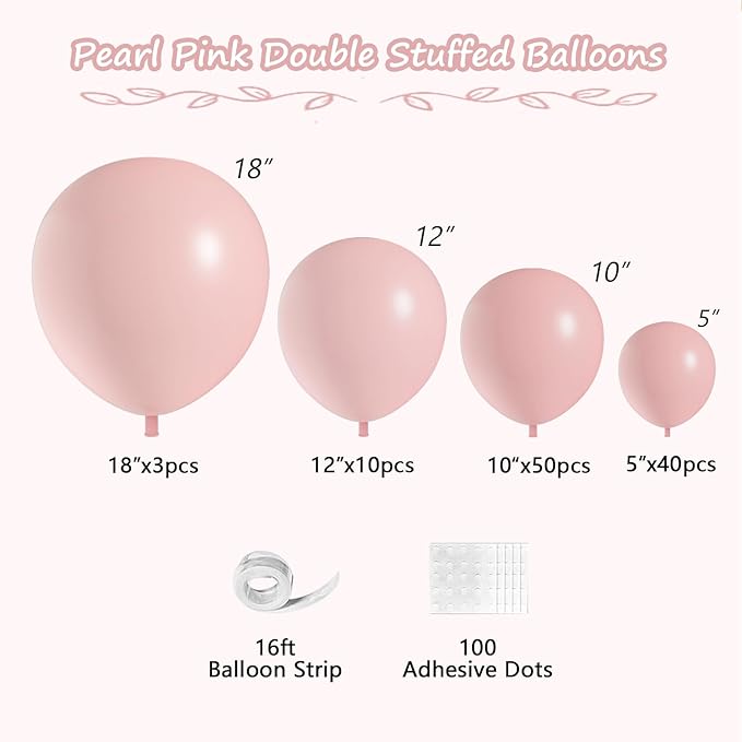 108Pcs Pink Double Stuffed Balloons Different Size, 18/12/10/5 inch Pastel Light Pink Balloons Garland Arch kit for Baby Shower Birthday Bridal Wedding Princess Party Decoration
