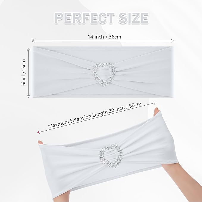 Howhic Pack of 120 Spandex Chair Sashes Bows Stretch Chair Cover Band with Buckle Slider Universal Elastic Chair Ties for Wedding Banquet Party Event Decoration (White)
