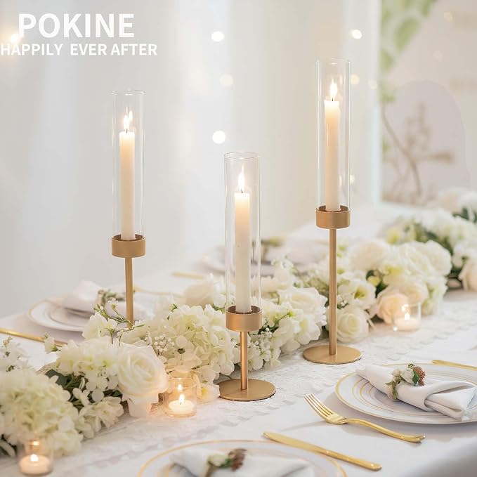 POKINE Tall Candle Holders Set of 3, Hurricane Glass Taper Candlestick Holders for Wedding, Christmas Decor, Dining Table, Party Centerpieces