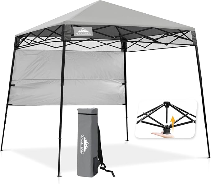 EAGLE PEAK 8x8 Pop Up Canopy Tent with Sidewall, Compact, Portable Slant Leg Instant Sun Shelter for Beach, Sports, & Camping, 8x8 Base 6x6 Top, Light Gray