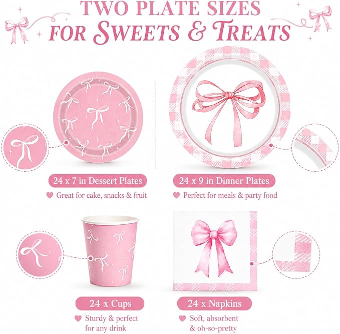 Glitter Diamond Theme Party Gold Plate Napkins Birthday Party Supplies Disposable Birthday Dinnerware Set,Girls Birthdays Party Plates Sets With Cups Forks knives Serve 24 (Pink Bow, 24)