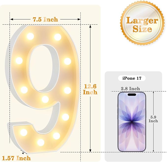 12.6 Inch LED Marquee Light Up Numbers with Happy Birthday Music, Remote Birthday Number Lights as Gifts for Girls Women Men, Lighted Marquee Numbers for Table Party Decorations, Number 9