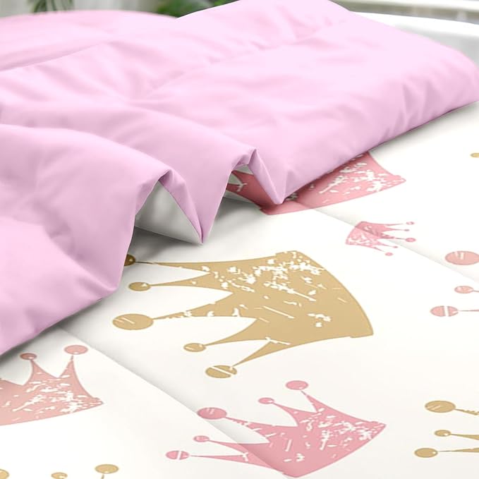 Pamnest Comforter Set Full Size, Cute Kids Crown 7 Pcs Bedding for Kids and Adults, Pink Princess Girls Bed Sheet Sets with Fitted Sheet 2 Pillowcase & 2 Sham for Bedroom Bed Decor