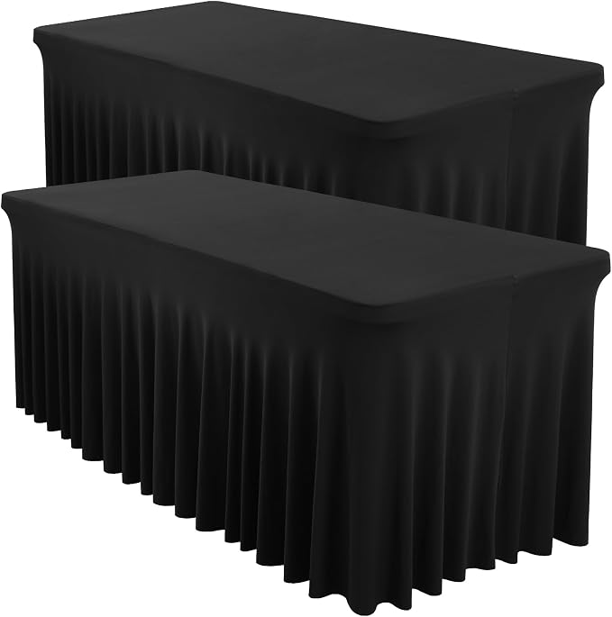Shillance 2 Packs Black Spandex Table Covers 8 Foot, Fitted Stretch Table Cloth with Skirts 96x30 Inch, Wrinkle-Free Floor Length Rectangle Tablecloths for Trade Show Weddings Parties Banquets Events