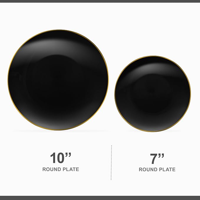 PLASTICPRO 64 Piece Combo Plate Set includes 32-7'' inch & 32-10'' inch Dinner Plates Black Plastic With Gold Rim Design Party Plates, Premium heavyweight Elegant, Disposable Plastic Construction