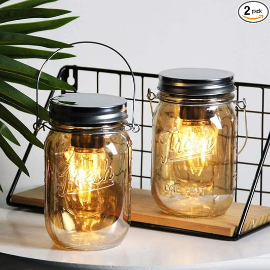 MJ PREMIER 2 Pack Mason Jar LED Lanterns, Battery Operated Cordless Vintage Glass Lights with 6H Timer, Perfect Mother's Day Gift for Indoor Outdoor Home Decor Bedroom Patio Table Lamp (2*Amber)