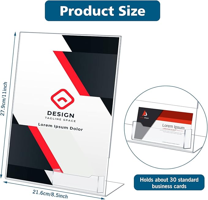Remerry 12 Pcs Acrylic Sign Holder with Business Card Holder Slanted Paper Stand Clear Brochure Display Stand Heavy Duty Plastic Signs for Office Table Advertisement Flyer (8.5 x 11 Inch)