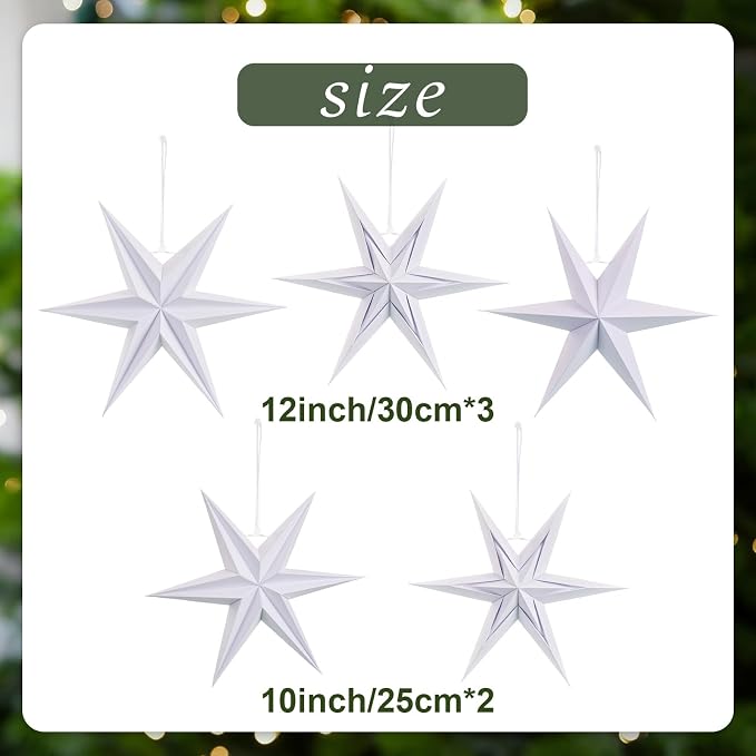 SUNBEAUTY Christmas Paper Stars, 6 Pointed 12 Inch White Color Hanging Paper Star Lanterns, Christmas Decorations Hanging Lamp for Indoor Xmas Tree, Yard, Home Decor Birthday