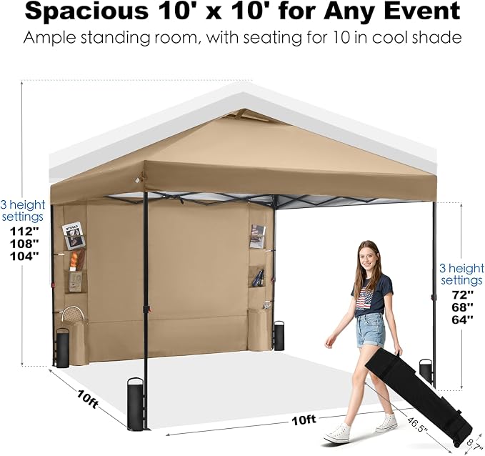 GAFETE 10×10 Pop Up Canopy Tent with 1 Pockets Sidewall, Easy up Sun Shade with One Push Setup, Portable Instant Outdoor Canopy Tent for Events Parties Camping with Carrying Bag (Sand, 10x10 FT)