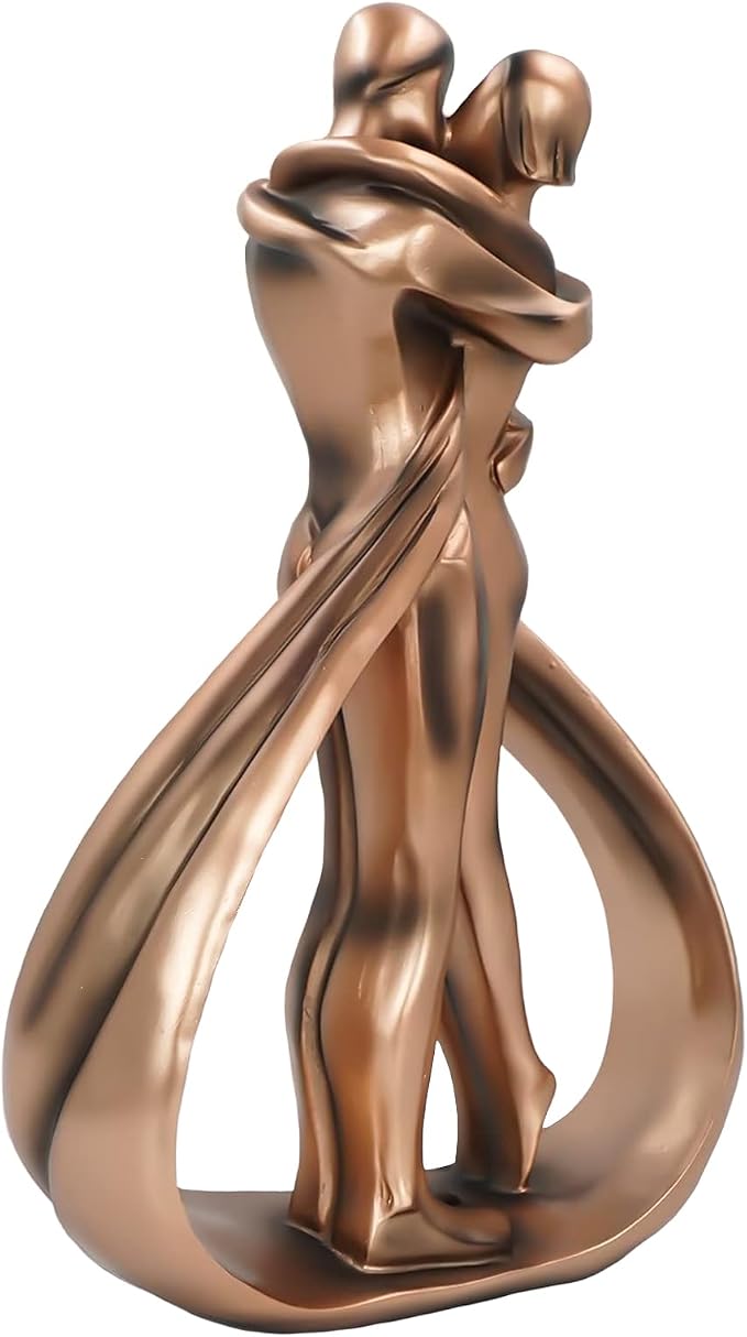 DreamsEden 7th Anniversary Set for Wife, Resin Couple Sculpture & Iron Rose with Stand, Copper Wedding Gift for Her, Romantic Home Decor Statue