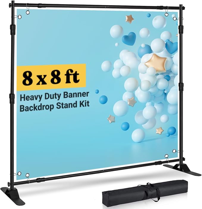 Photo Backdrop Stand - 8x8 ft Heavy Duty Banner Holder Adjustable Photography Poster Stand - Height Up to 8x8 ft for Trade Show, Photo Booth, Parties, Wedding, Birthday, Photoshoot Background